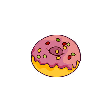 Vector donut with pink glaze icing and sprinkles flat cartoon isolated illustration on a white background. Sweet delicious dessert food, snack
