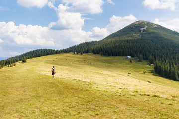 Fototapeta premium Landscape mountain view with tourist backpacker