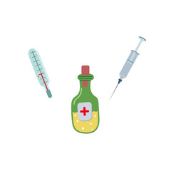 Vector thermometer, syringe, medicene bottle flat isolated illustration on a white background. Cold and flu treatment concept. Cartoon medical remedy symbols set.