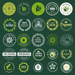 Organic food and drink labels and elements set. Vector illustrations for restaurant, food market, e-commerce, organic products promotion, healthy life and premium quality food and drink.  - obrazy, fototapety, plakaty