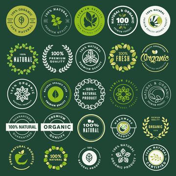 Organic food and drink labels and elements set. Vector illustrations for restaurant, food market, e-commerce, organic products promotion, healthy life and premium quality food and drink. 