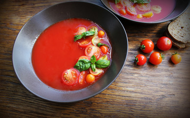 Homemade Gazpacho tomato soup in brown bowl. Healthy eating concept