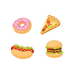 Vector burger hot dog pizza donut set. Flat cartoon isolated illustration on a white background. Fast junk food concept. Tasty doughnut, pepperoni tomato pizza slice, humburger sandwich, hot dog