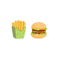 Vector sandwich, burger and french fries set. Fast food flat cartoon isolated illustration on a white background. Humburger with cheese, tomato salad lettuce and potato fry in paper box