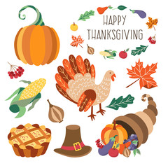 Vector thanksgiving set. Autumn, harvest and thanksgiving symbols - horn of planty, cornucopia, hat pumpkin apple pie, turkey leaves vegetables. Flat illustration isolated on a white background.