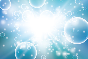 Oxygen bubbles in water blue background for scientific and biological concepts. Transparent circle, sphere ball, water sea or ocean, vector illustration