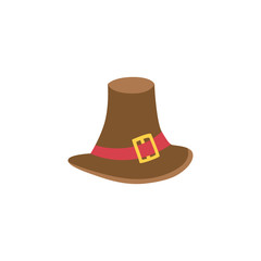 Vector pilgrim hat flat illustration isolated on a white background. Cartoon brown pilgrim hat with golden buckle and red belt. Sign of thanksgiving, autumn and harvest.