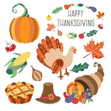 Vector thanksgiving set. Autumn, harvest and thanksgiving symbols - horn of planty, cornucopia, hat pumpkin apple pie, turkey leaves vegetables. Flat illustration isolated on a white background.