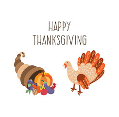 Vector set of thanksgiving turkey and horn of plenty. Flat illustration isolated on a white background. Cartoon cornucopia with vegetables and bird. Sign of thanksgiving autumn harvest. Healthy eating