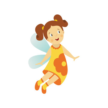 Vector fairy girl illustration on white background. Cute cartoon smiling child with butterfly wings in funny dress isolated. Magic flying kid in yellow flower clothing. Element for your design