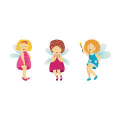 Vector fairy girl set illustration on white background. Cute cartoon smiling child with butterfly wings in cute dress isolated. Magic flying kid holding magic star wand. Element for your design