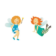 Obraz premium Vector fairy girl set illustration on white background. Cute cartoon smiling child with butterfly wings in cute dress isolated. Magic flying kid holding magic star wand. Element for your design