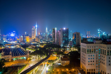 Aerial view of beautiful night scene at Kuala Lumpur city skyline