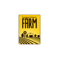 Vertical farm logo, badge, label with field, tractor, house and water tower over raising sun background, vector illustration. Two color vertical logo, badge, label design with farm house and fields