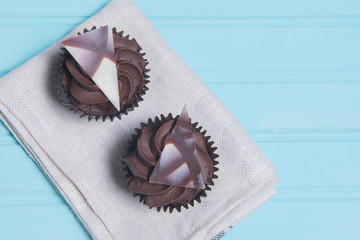 Two chocolate cupcakes taken on a blue background with copy space