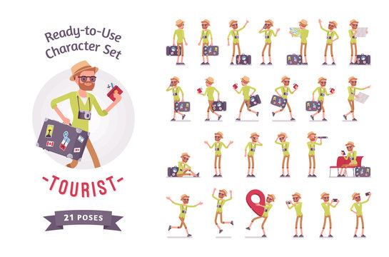 Tourist man with luggage character set, various poses and emotions