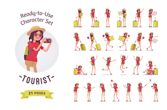 Tourist woman with luggage character set, various poses and emotions