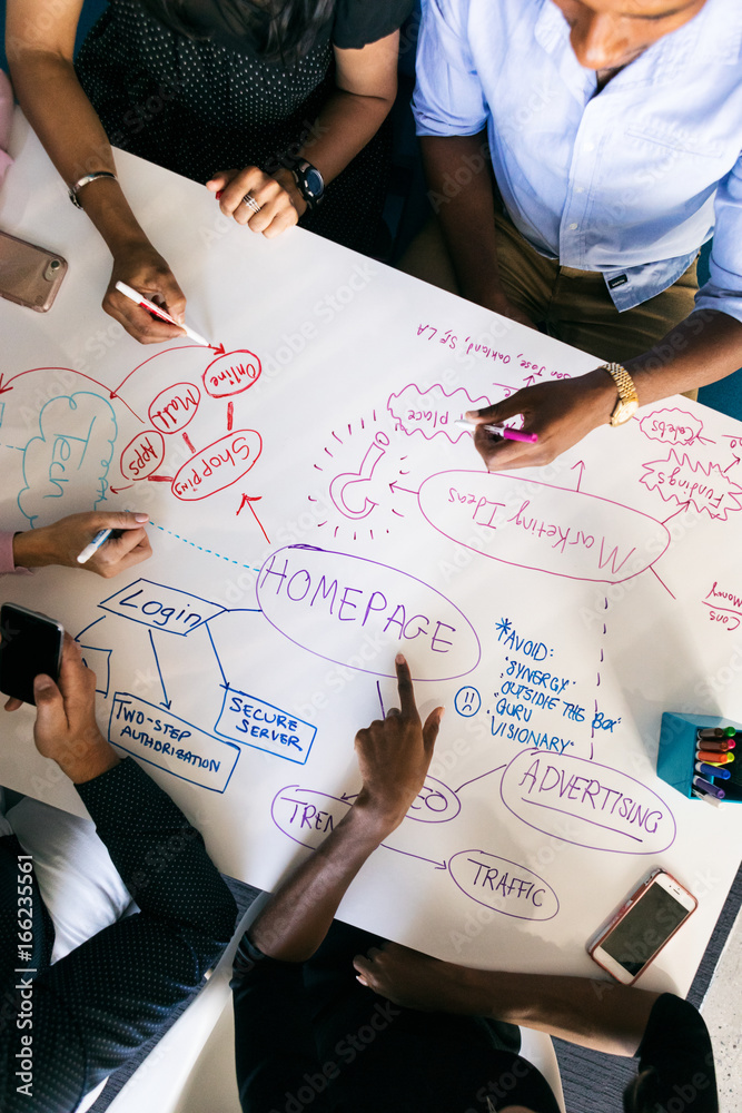 Wall mural workspace: overhead view of team brainstorming tech plans