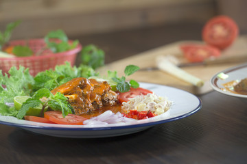 Spicy fish Canned Sardines Salad prepare cooking with herb in the kitchen Thai food / Blur and select focus..