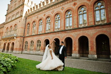 Obraz premium Stunning wedding couple enjoying each other's company on a beautiful architectural background.