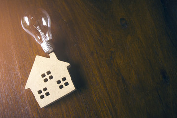 light bulb idea with wood home