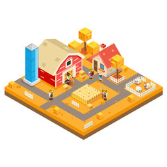 Village Agriculture Farm Rural House Building season Autumn Isometric 3d Lowpoly Icon Real Estate Garden Symbol Meadow Background Flat Design Vector Illustration