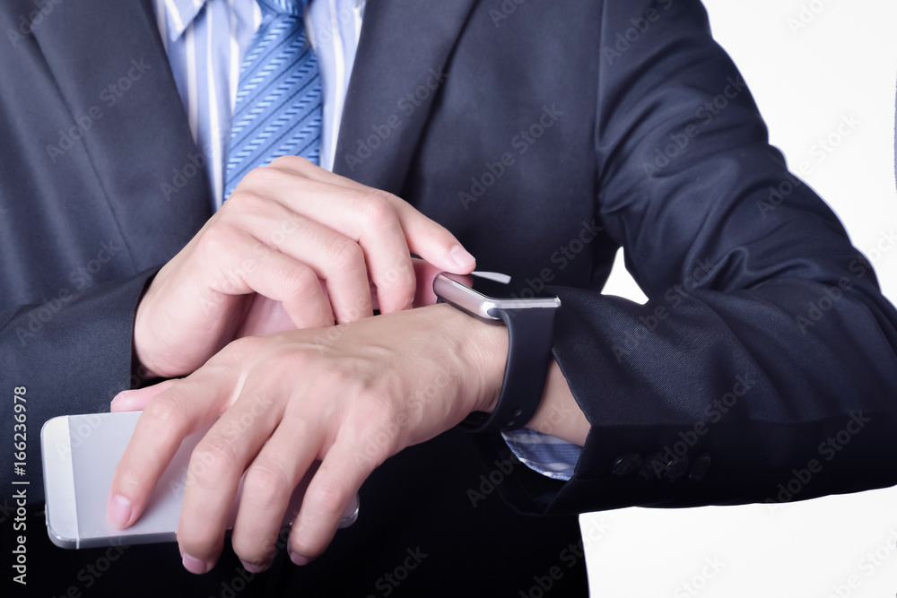 Poster technology, gadget and business concept - crop of business man in formal suit with mobile phone usei