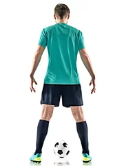 Foto auf Acrylglas one caucasian soccer player man standing Rear View with football isolated on white background © snaptitude