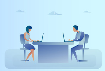 Abstract Business Man And Woman Sitting At Office Desk Working Laptop Computer Vector Illustration
