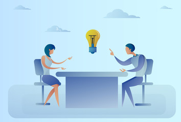 Business Man And Woman Sitting At Desk Discuss New Creative Idea Concept Light Bulb Flat Vector Illustration