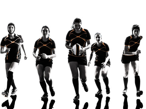 rugby women players team in silhouette isolated on white backround