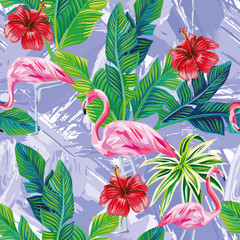 Pink flamingo leaves seamless blue background