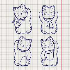 Hand drawn cute kitten set on notebook page. Vector illustration