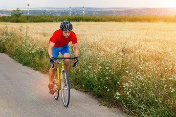 Fototapeta premium A cyclist rides on a road bicycle along the field. Sun glare.