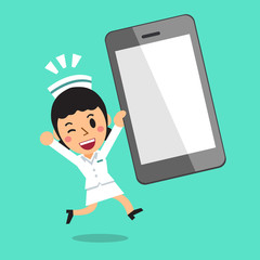 Cartoon a female nurse and big smartphone