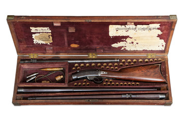 Antique velvet lined wooden Stock Rifle Box, with Ammo, and variable barrels gun