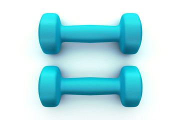 Two of dumbbells blue top wiew on white background. 3D illustration.