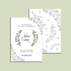 Vector invitation with eucalyptus leaves . Modern Wedding collection. Thank you card, save the date cards, menu, flyer, banner template.