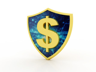 Dollar symbol on metal shield isolated on white background. 3d illustration