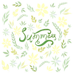 Watercolor vector summer card with green leaves and flowers
