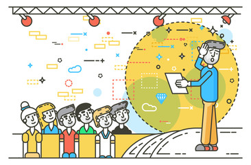 Vector orator spokesman spokesperson speaker fear of public speaking businessman rhetor politician speech stage audience business presentation political line art style on white background