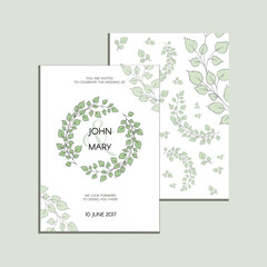 Vector invitation with green leaves . Modern Wedding collection. Thank you card, save the date cards, menu, banner template.