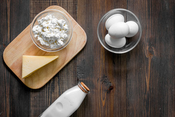 Natural food. Milk, cottage, cheese, eggs on dark wooden background top view copyspace