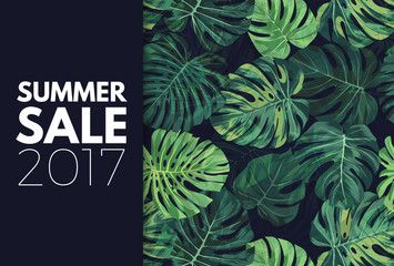 Green summer tropical flyer or banner design with exotic palm leaves and plants. Vector floral background.