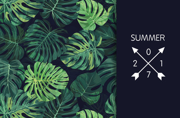 Green summer tropical flyer or banner design with exotic palm leaves and plants. Vector floral background. - obrazy, fototapety, plakaty