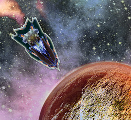 Space shuttle landing on an unknown planet. Spaceship approaching the surface red hot planet. 3d illustration