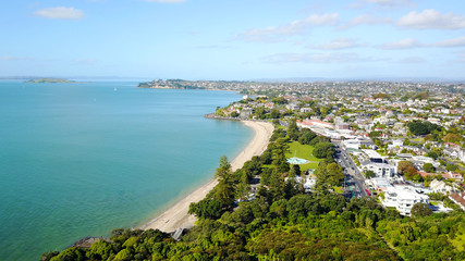Fototapeta premium Aerial view on sunny beach with residential suburb on the background. Auckland, New Zealand.