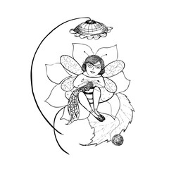 Fabulous bee sitting on a flower and knits. Can be used as a logo , an illustration for a website, book, magazine on knitting.