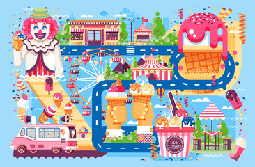 Vector illustration business selling different kinds ice cream sale of food with machine, meal on wheels clown amusement park sweets vanilla chocolate fruit filling cafe near road in flat style