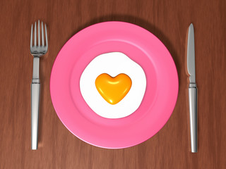 3d date dinner with one yellow heart egg and knife and fork. Valentine 3D Illustration Design Series.